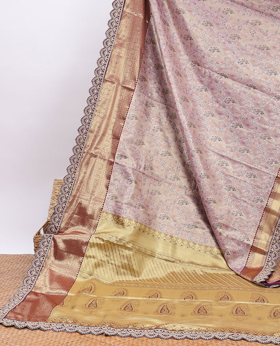 Mauve purple floral design banaras tissue saree, contrast traditional motif with patch embroidery border&intricate pallu