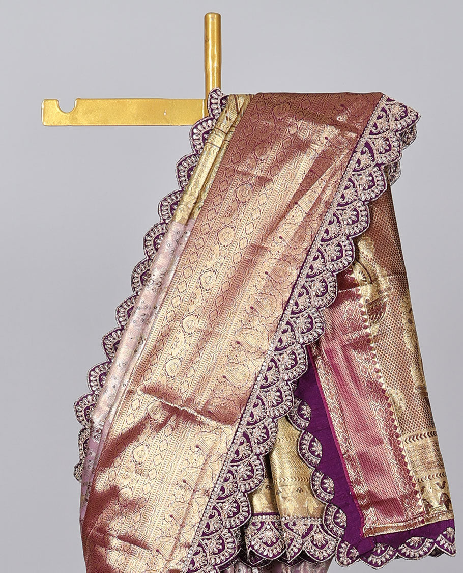 Mauve purple floral design banaras tissue saree, contrast traditional motif with patch embroidery border&intricate pallu