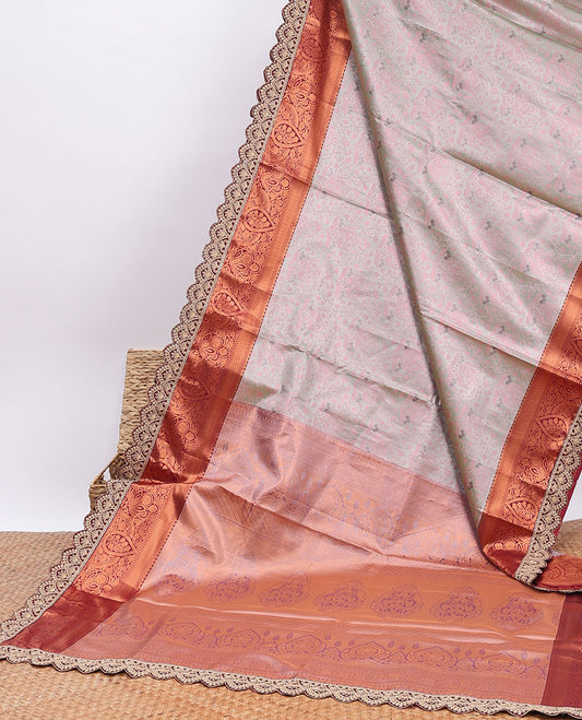 Green floral design banaras tissue saree, contrast traditional motifs with patch embroidery border & intricate pallu