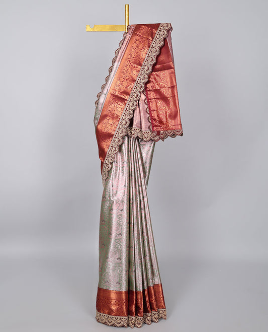 Green floral design banaras tissue saree, contrast traditional motifs with patch embroidery border & intricate pallu