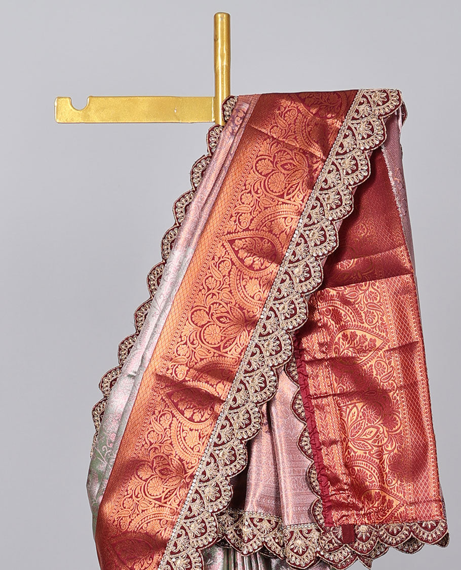 Green floral design banaras tissue saree, contrast traditional motifs with patch embroidery border & intricate pallu