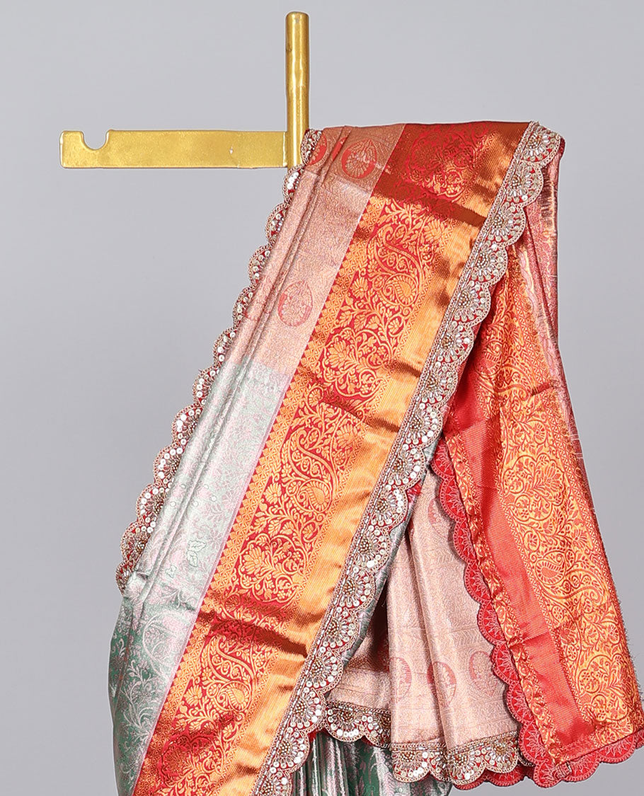 Green floral design banaras tissue saree, contrast traditional motifs with patch embroidery border & intricate pallu