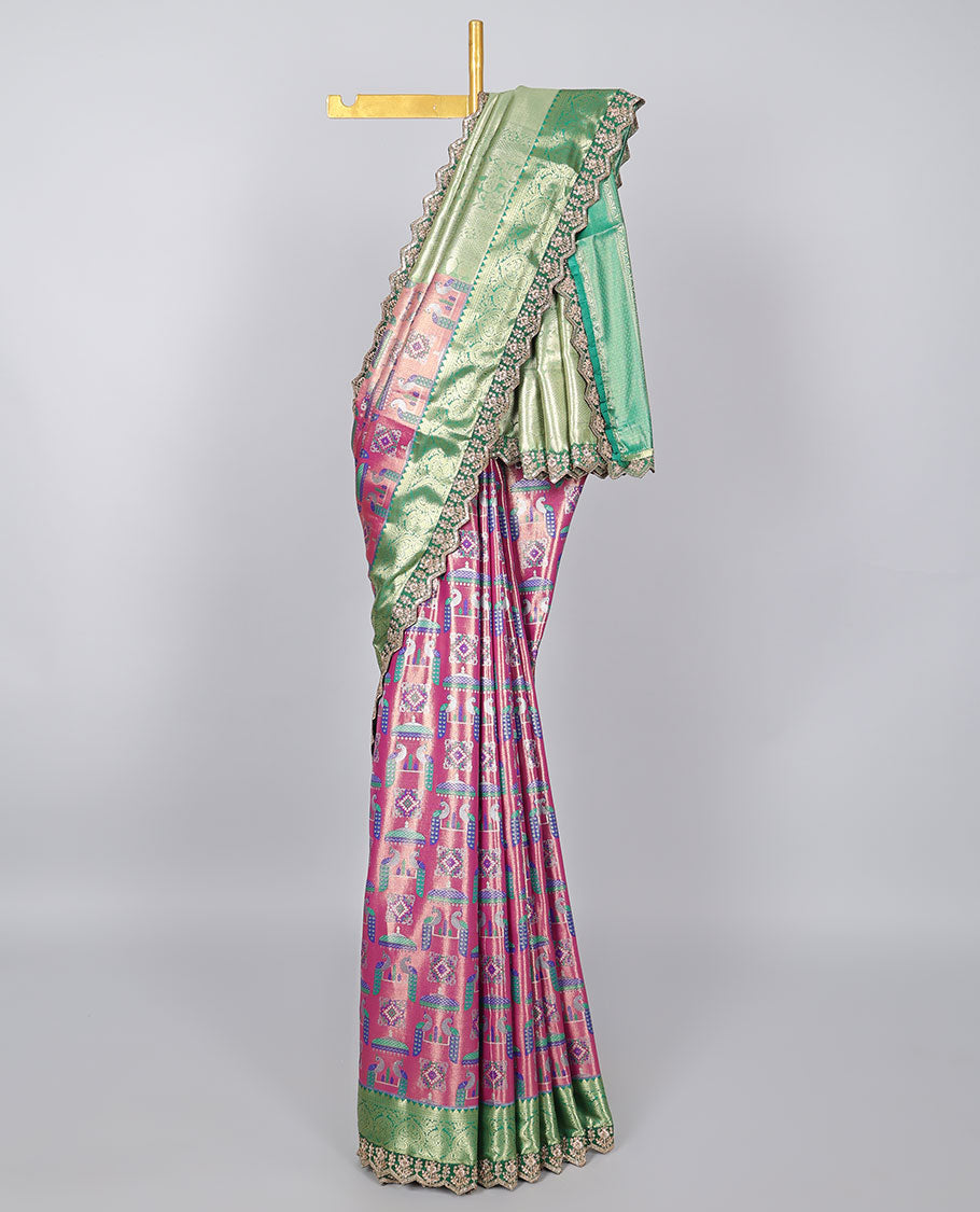 Pink peacock design semi-tissue saree, contrast traditional motifs with patch embroidery border & paisley design pallu