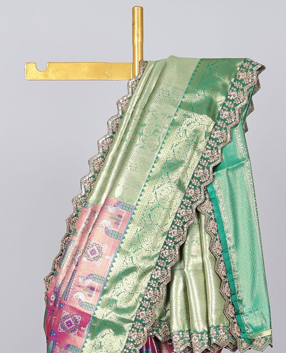 Pink peacock design semi-tissue saree, contrast traditional motifs with patch embroidery border & paisley design pallu