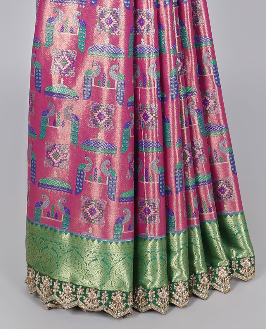Pink peacock design semi-tissue saree, contrast traditional motifs with patch embroidery border & paisley design pallu