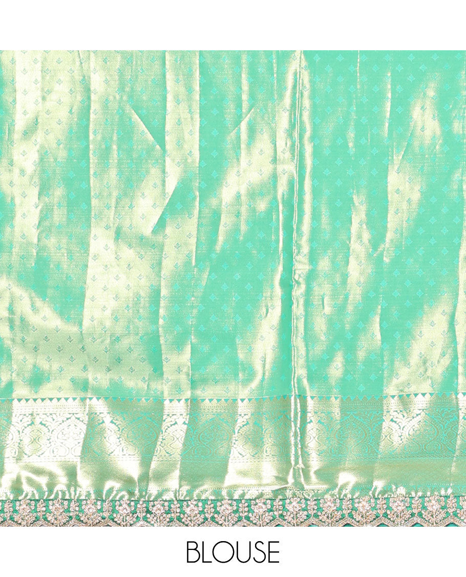 Pink peacock design semi-tissue saree, contrast traditional motifs with patch embroidery border & paisley design pallu