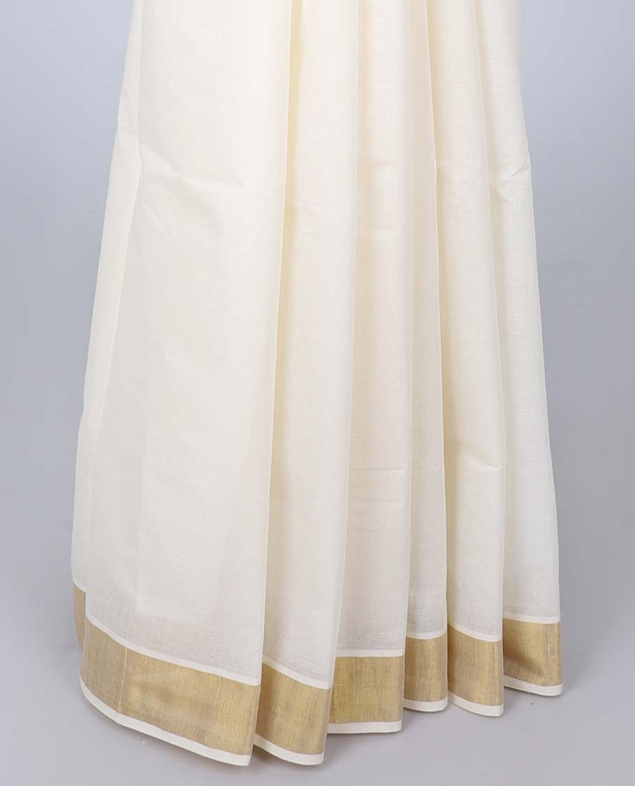 Cream plain design kerala saree, zari border & pallu of zari designs