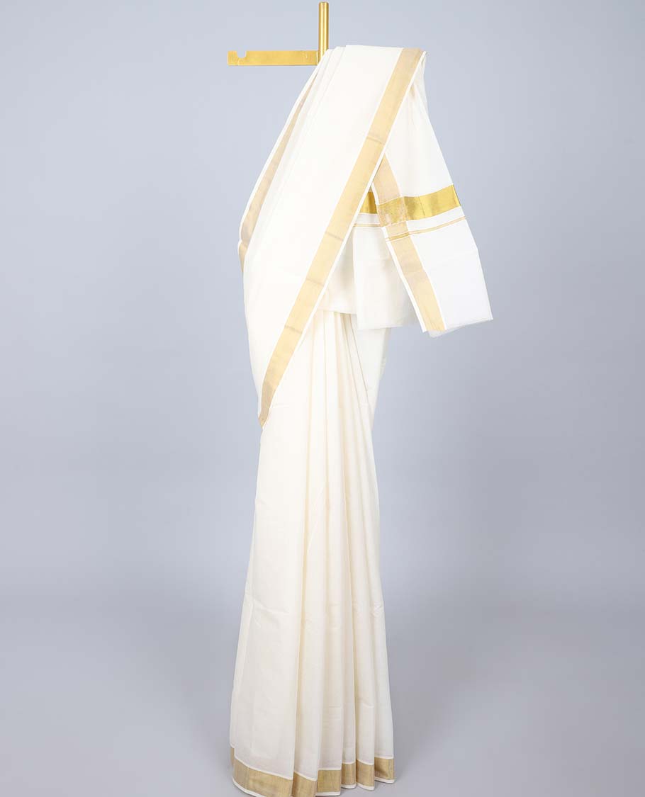 Cream plain design kerala saree, zari border & pallu of zari designs
