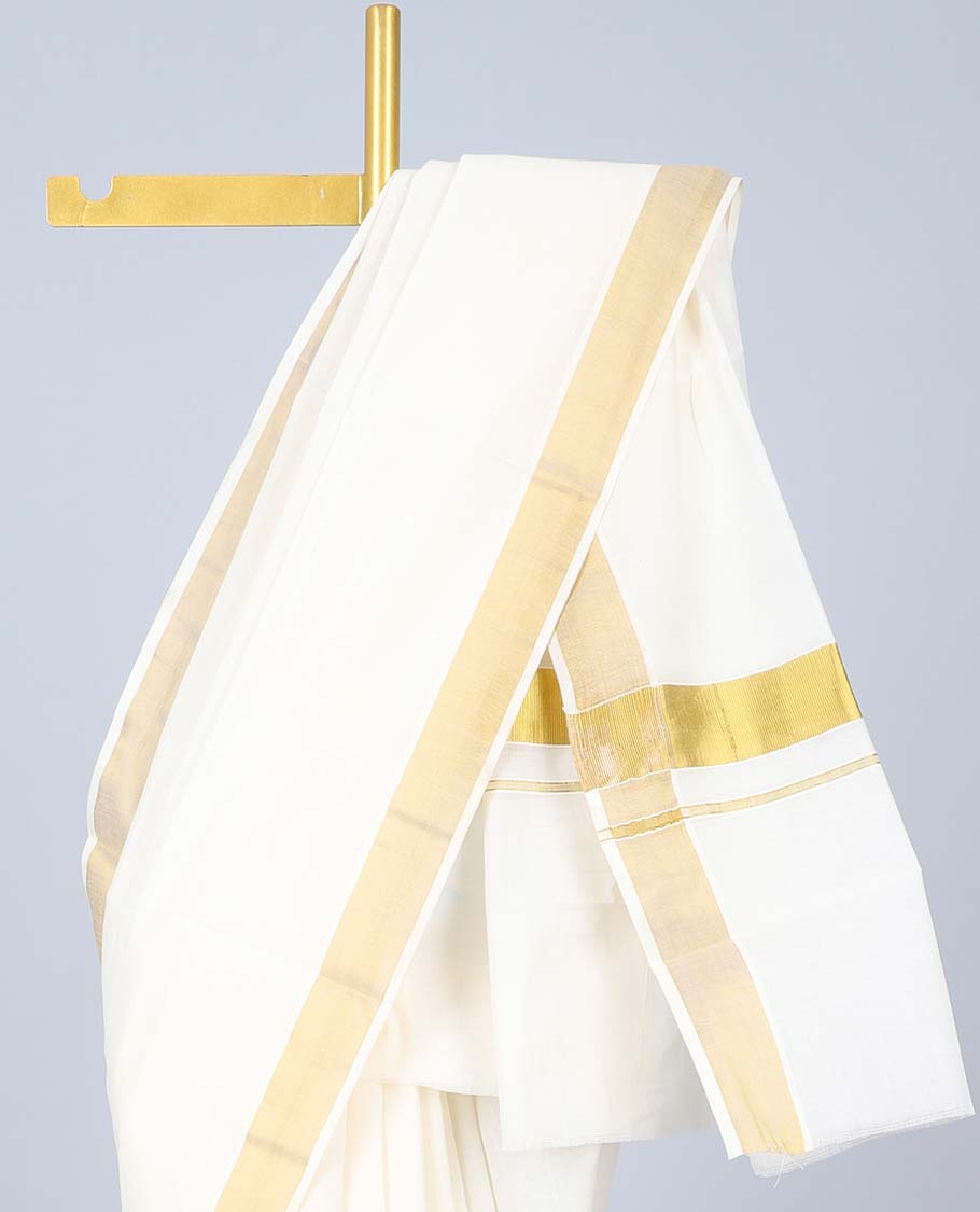 Cream plain design kerala saree, zari border & pallu of zari designs