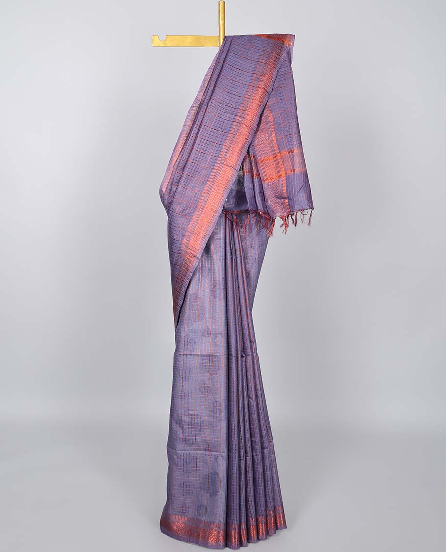 Purple checked Semi banaras tussar saree with buttas, traditional zari border & pallu of zari stripes