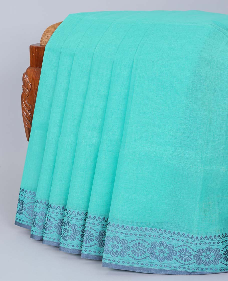 Blue plain design bengal cotton saree, contrast floral design border & pallu of stripes