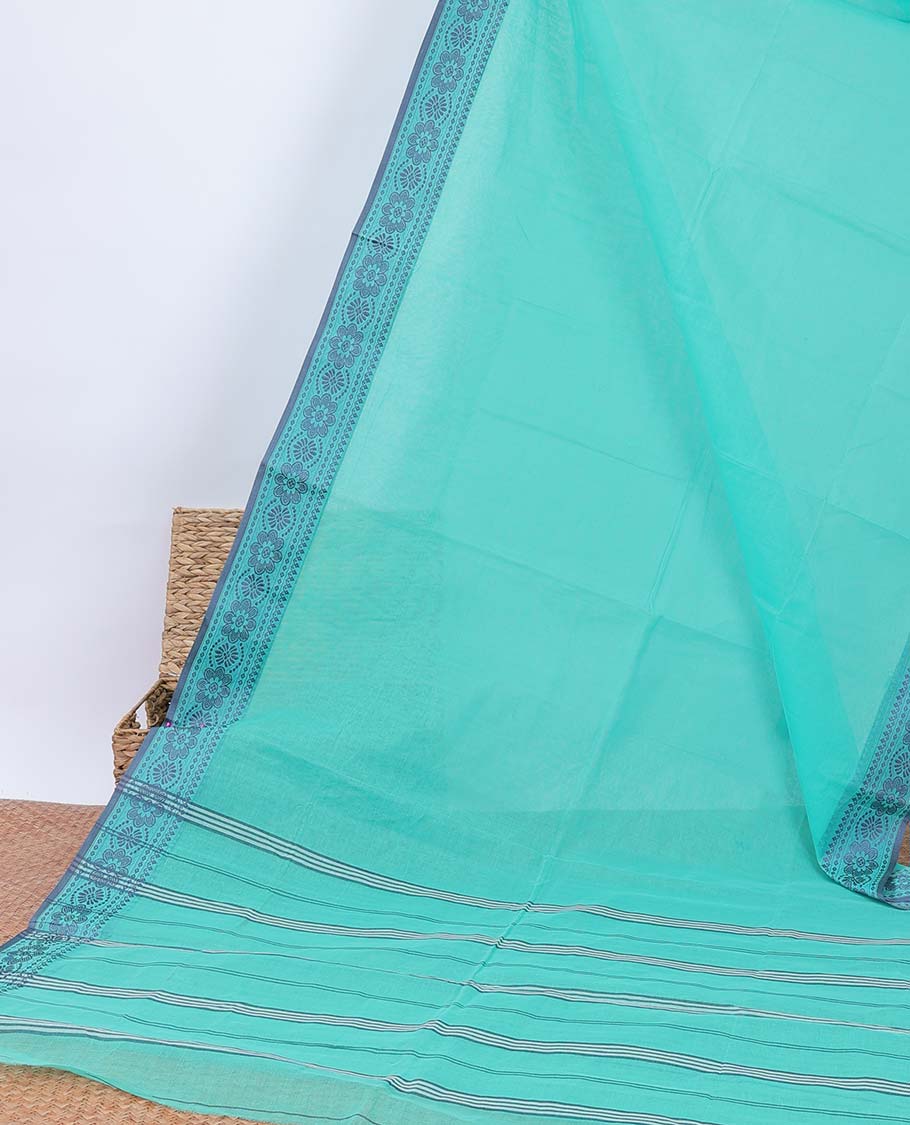 Blue plain design bengal cotton saree, contrast floral design border & pallu of stripes