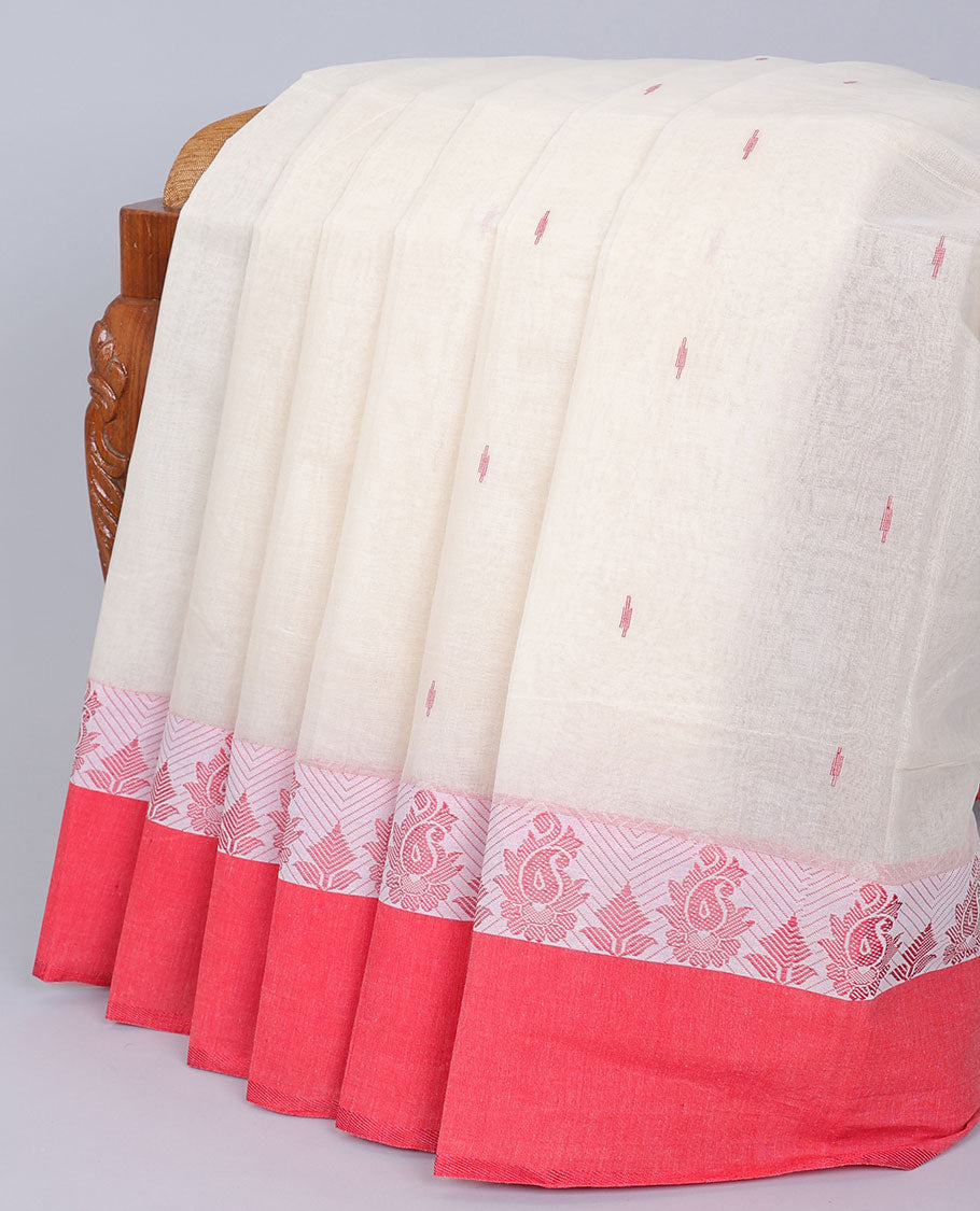 Cream bengal cotton saree with unique buttas, contrast border of paisleys & pallu of stripes