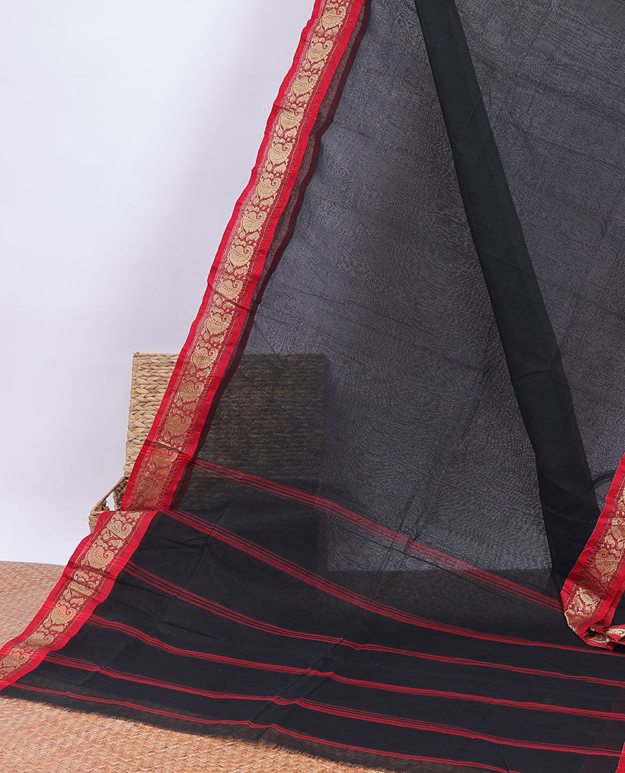 Black plain design bengal cotton saree, contrast paisley design border & pallu of stripes