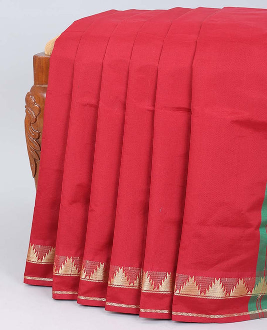 Red plain design poly cotton saree, vidarbha design border & contrast pallu of stripes 