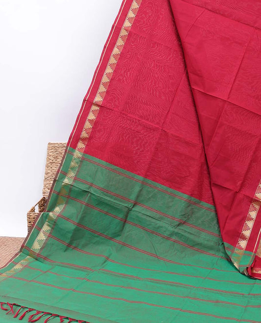 Red plain design poly cotton saree, vidarbha design border & contrast pallu of stripes 