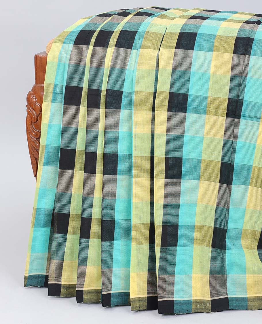 Borderless multi-color checked mangalgiri cotton saree, self-pallu of stripes