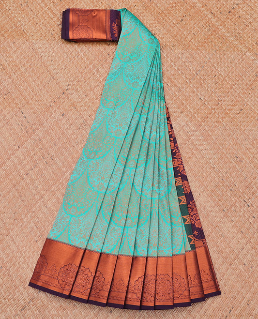 Blue jacquard budget cotton saree, contrast traditional zari design border & pallu of intricate designs