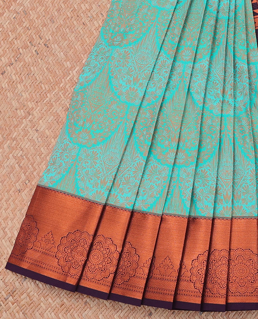 Blue jacquard budget cotton saree, contrast traditional zari design border & pallu of intricate designs