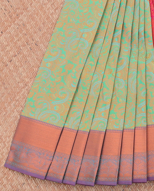 Green jacquard budget cotton saree, contrast traditional zari design border & pallu of intricate designs