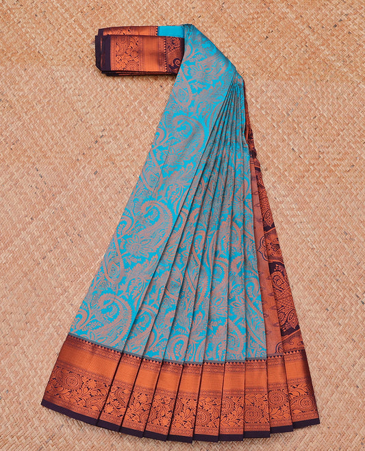 Blue jacquard budget cotton saree, contrast traditional zari design border & pallu of intricate designs