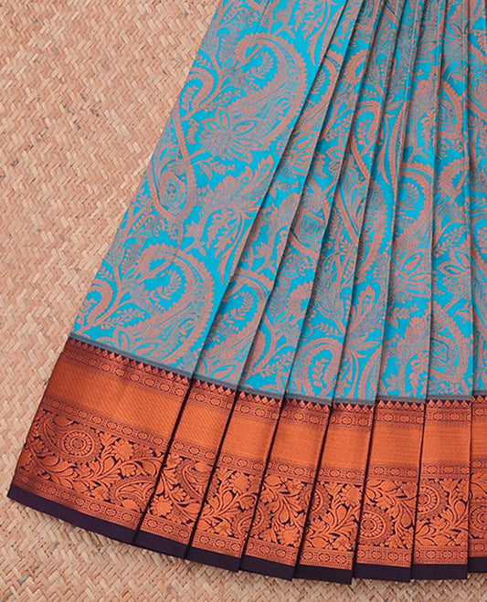Blue jacquard budget cotton saree, contrast traditional zari design border & pallu of intricate designs