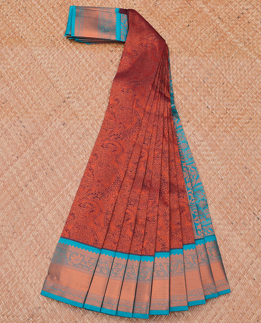 Orange jacquard budget cotton saree, contrast traditional zari design border & paisley design pallu