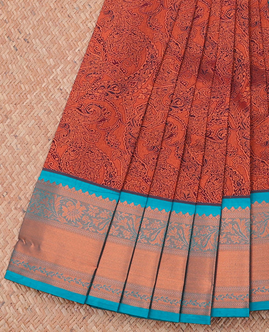 Orange jacquard budget cotton saree, contrast traditional zari design border & paisley design pallu