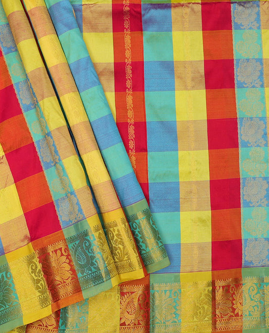 Multi-color checked art-silk half saree with buttas, floral & paisley zari border & dhavani of intricate designs