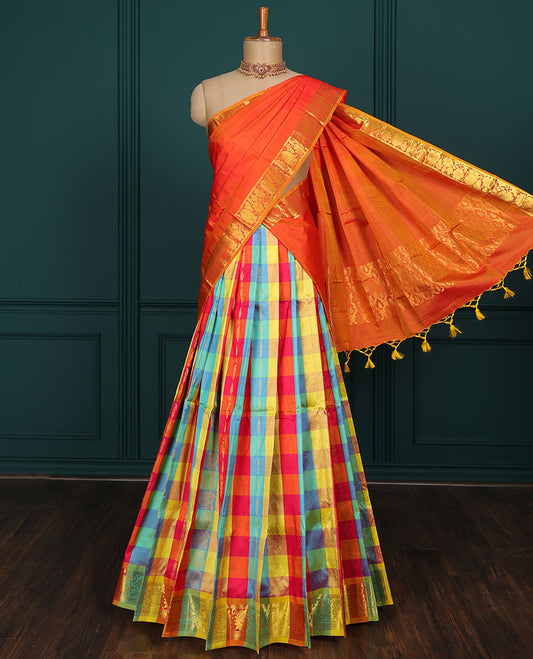 Multi-color checked art-silk half saree with buttas, floral & paisley zari border & dhavani of intricate designs