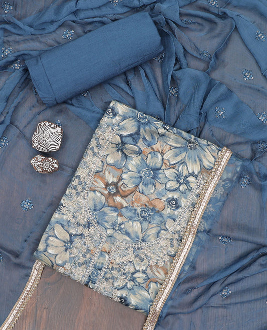 Blue material chudidhar set, flower printed & embroidery top, plain bottom & sequins embroidered dupatta