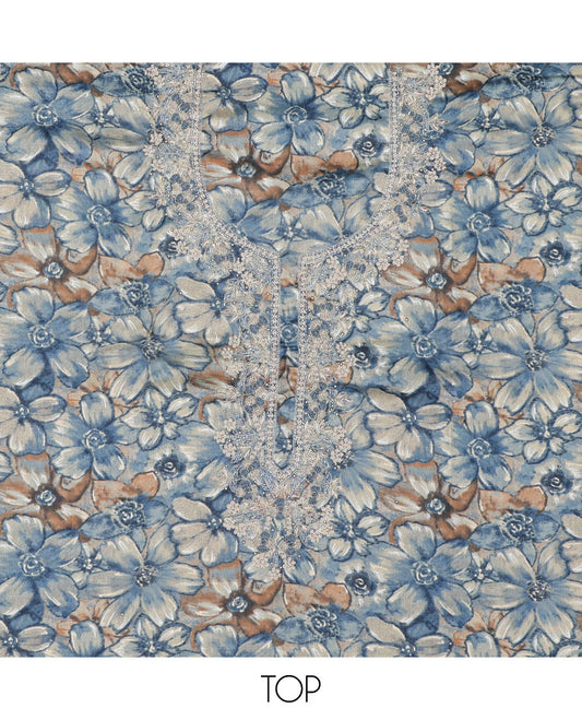 Blue material chudidhar set, flower printed & embroidery top, plain bottom & sequins embroidered dupatta