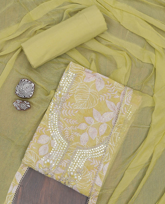 Yellow material chudidhar set, floral vine & embroidery top, plain bottom & solid dupatta