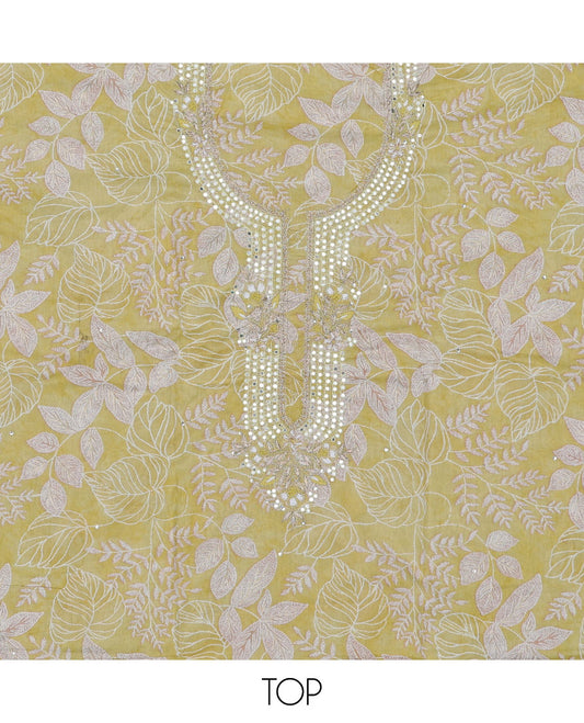 Yellow material chudidhar set, floral vine & embroidery top, plain bottom & solid dupatta