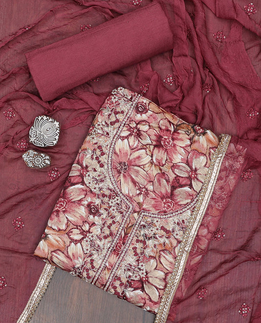Maroon material chudidhar set, flower printed & embroidery top, plain bottom & sequins embroidered dupatta