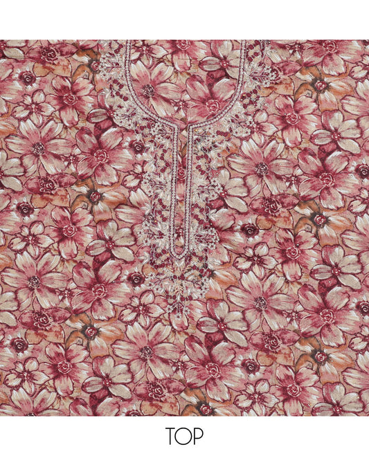 Maroon material chudidhar set, flower printed & embroidery top, plain bottom & sequins embroidered dupatta