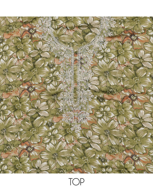 Green material chudidhar set, floral print & embroidery top, plain bottom & sequins embroidered dupatta