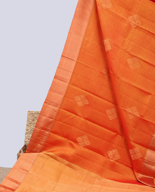 Orange embossed bangalore silk saree with buttas, traditional zari border & pallu of intricate designs