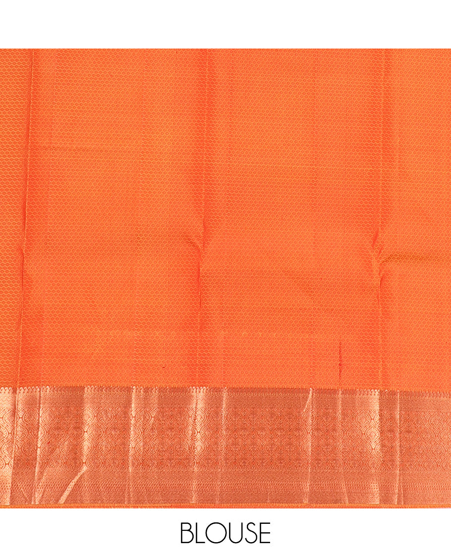 Orange embossed bangalore silk saree with buttas, traditional zari border & pallu of intricate designs