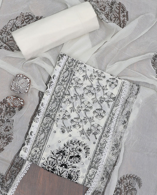 Cream material chudidhar set, floral print & embroidery top, plain bottom & floral printed dupatta