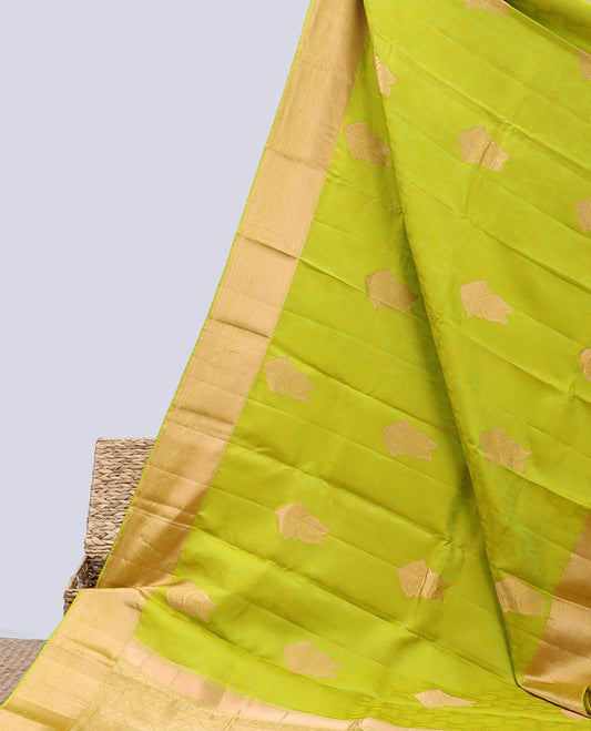 Green embossed Bangalore silk saree with zari buttas, traditional zari border & pallu of intricate designs