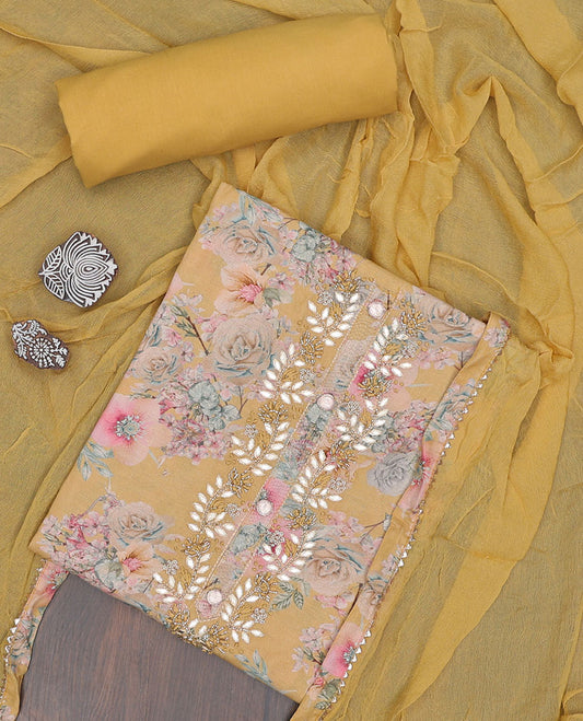 Mustard material chudidhar set, floral print & embroidery top, plain bottom & solid dupatta