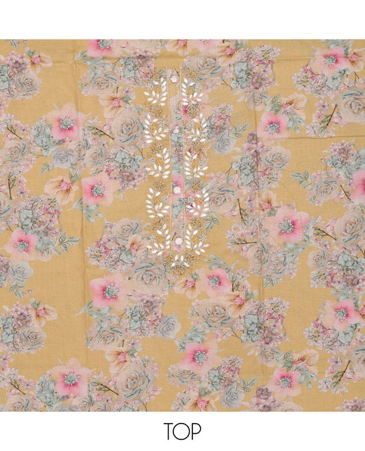 Mustard material chudidhar set, floral print & embroidery top, plain bottom & solid dupatta