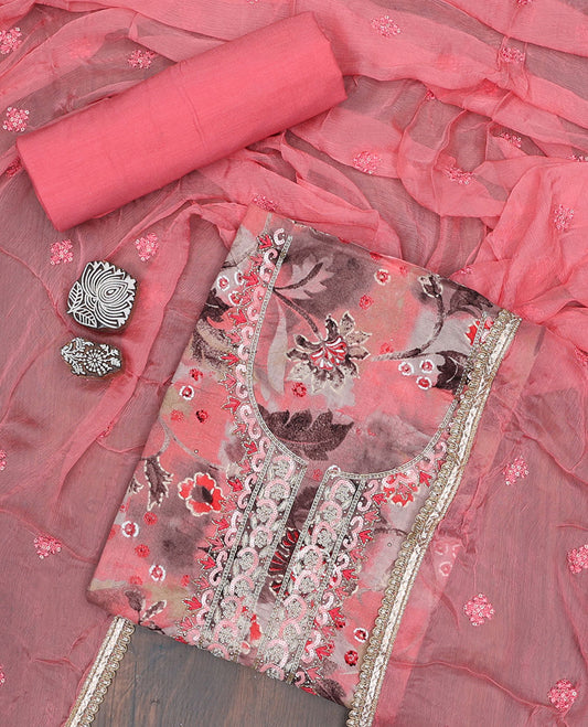 Multi-color material chudidhar set,floral print & embroidery top,plain bottom & floral design sequin embroidered dupatta