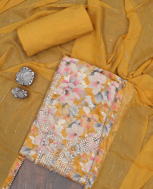 Mustard material chudidhar set, floral print & neckwork top, plain bottom & striped dupatta