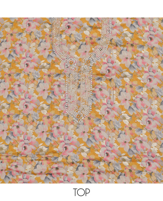 Mustard material chudidhar set, floral print & neckwork top, plain bottom & striped dupatta