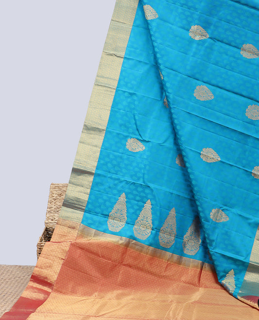 Blue half-&-half embossed bangalore silk saree with zari buttas, traditional zari border & pallu of intricate designs