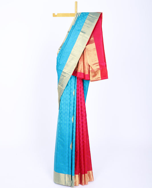 Blue half-&-half embossed bangalore silk saree with zari buttas, traditional zari border & pallu of intricate designs