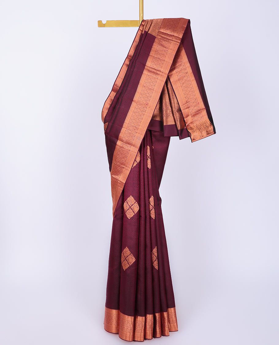 Maroon embossed Bangalore silk saree with zari buttas, traditional zari border & pallu of intricate designs