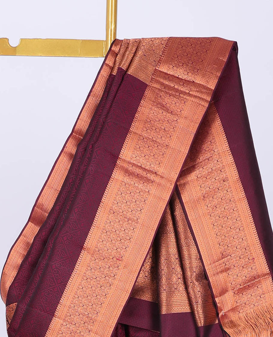 Maroon embossed Bangalore silk saree with zari buttas, traditional zari border & pallu of intricate designs